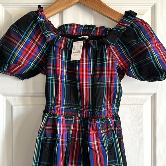 J. Crew Girls' puff-sleeve dress in black Stewart tartan - Picture 2 of 2